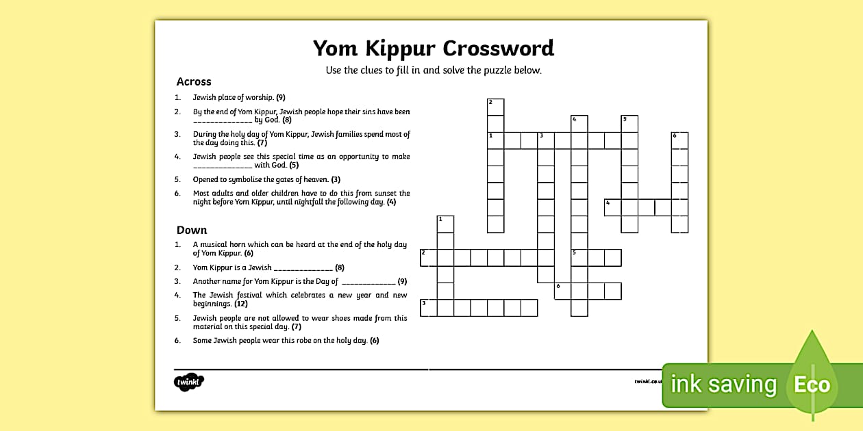 Yom Kippur Crossword (Hecho por educadores) Twinkl