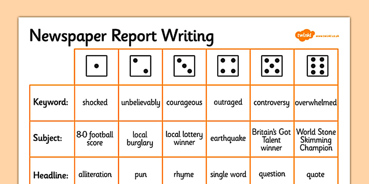Editable Newspaper Report Writing Dice Activity - Twinkl