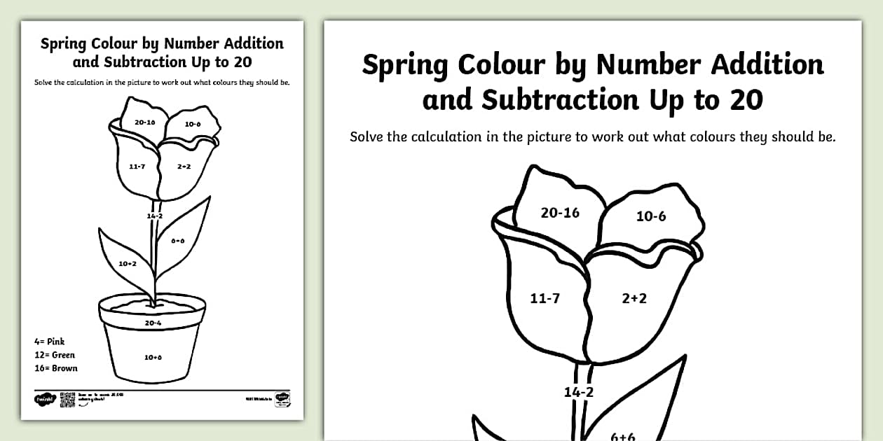 Spring Colour by Number Addition and Subtraction Up to 20