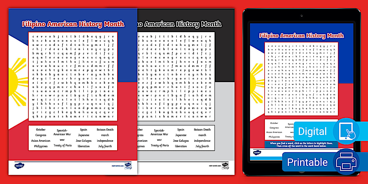 Eighth Grade Filipino American History Month Word Search Activity Worksheet