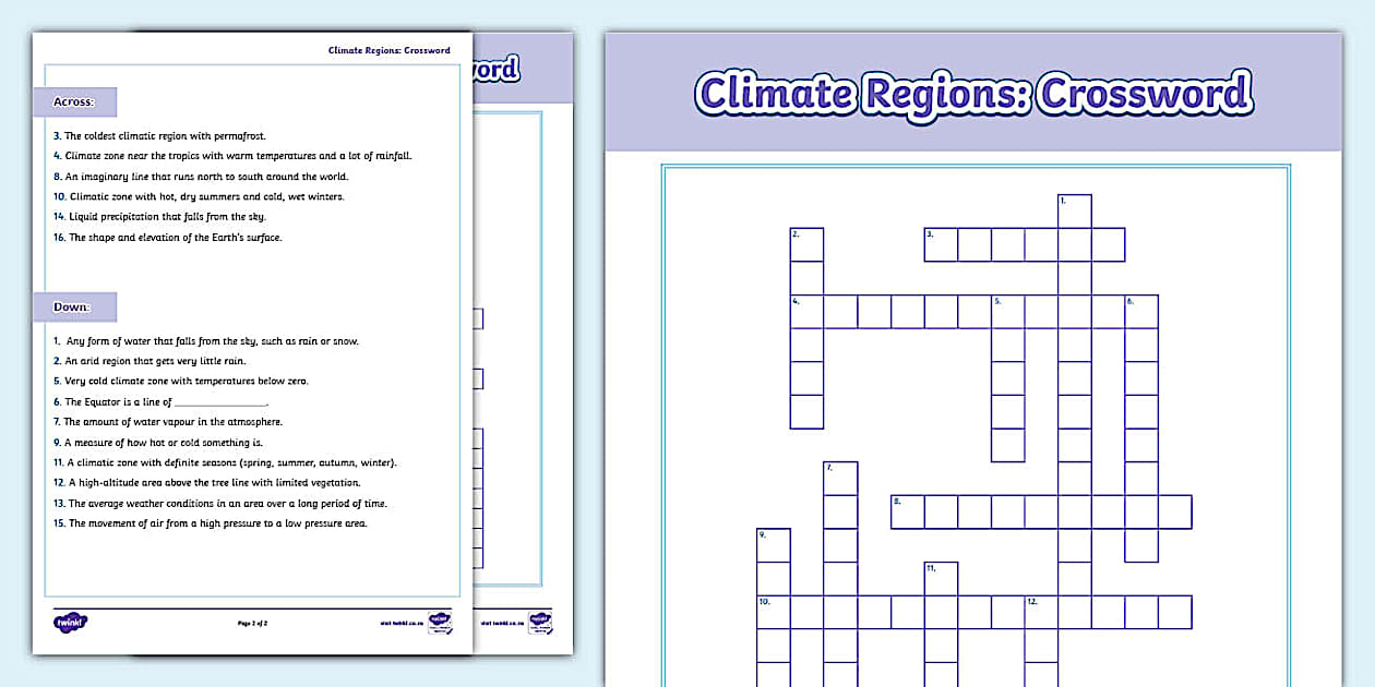Gr 8: Geography: Climate Regions: Crossword Puzzle Twinkl