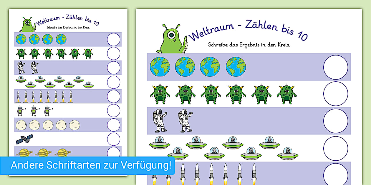 Weltraum - Zählen bis 10 - Arbeitsblatt - Twinkl
