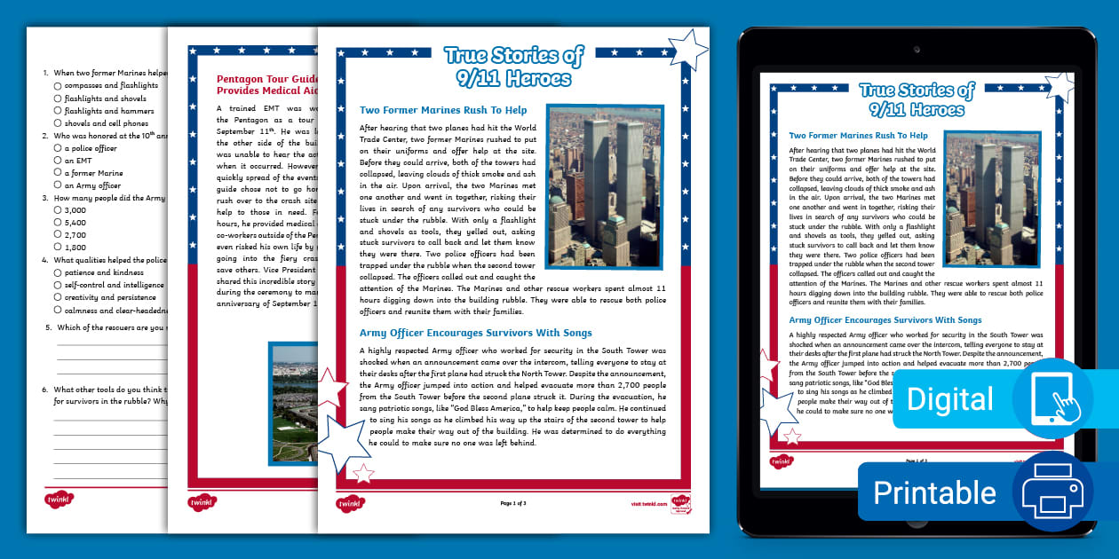 FREE 8th Grade 9/11 Heroes Reading Comprehension - Patriot Day