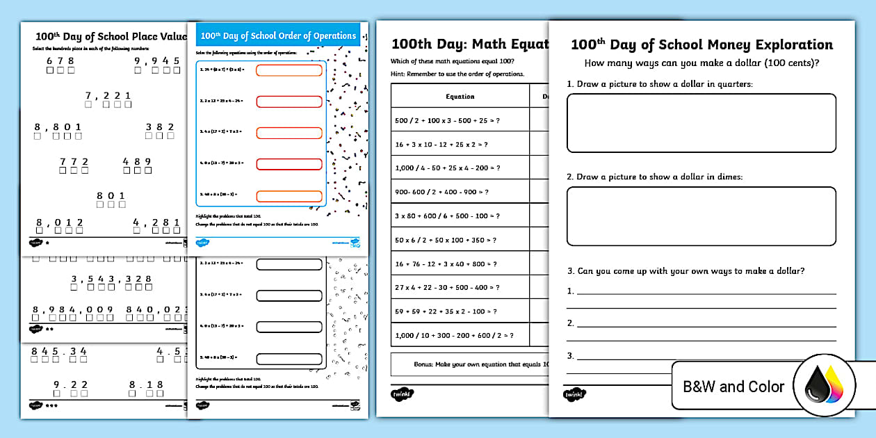 100th Day of School Math Activity Pack for 3rd-5th Grade
