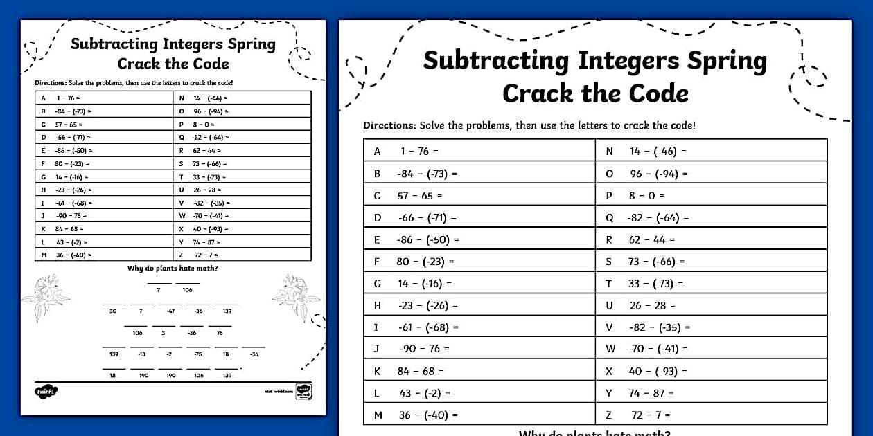 Seventh Grade Subtracting Integers Spring Crack the Code