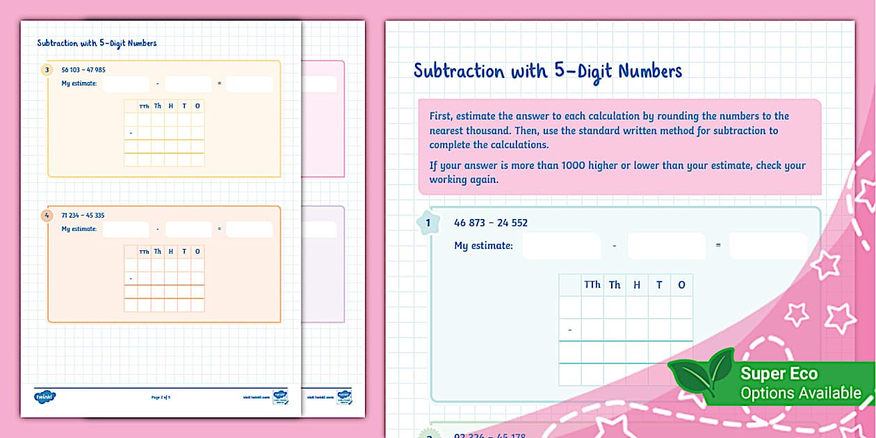 Subtraction with 5 digit numbers ages 9 10 twinkl