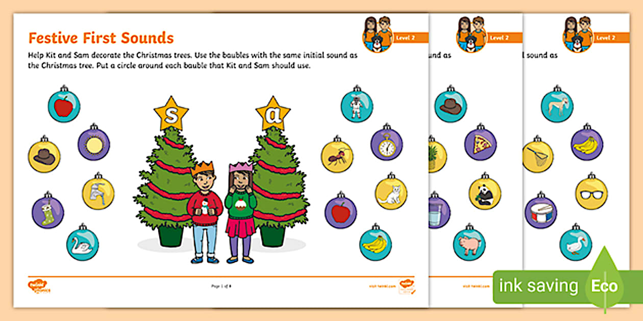 Level 2 Festive First Sounds Worksheets - Twinkl