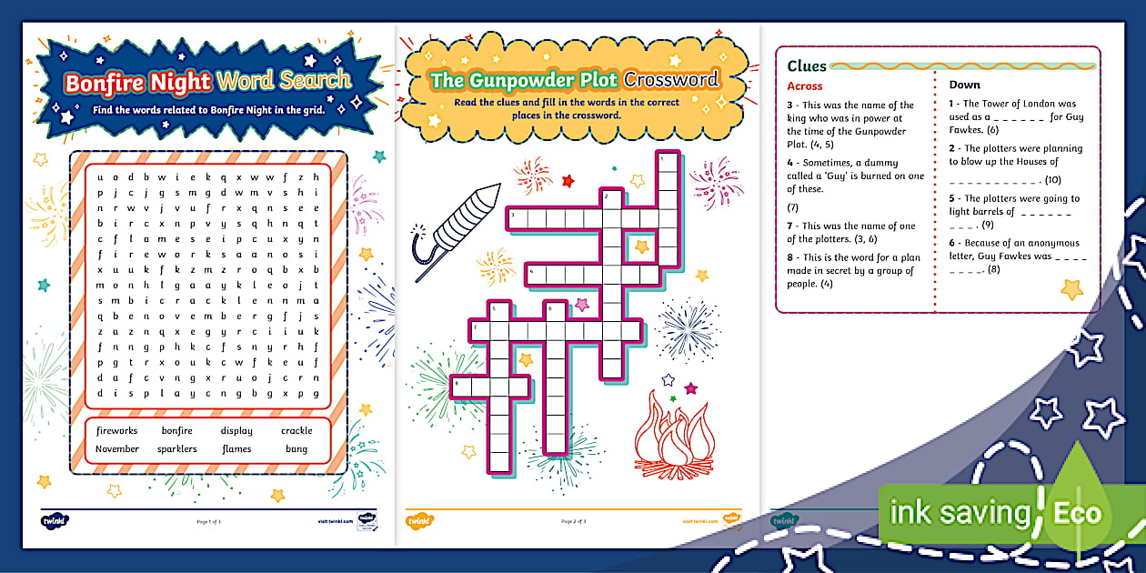 Bonfire Night Word Search and Crossword Pack (Ages 5 - 7)