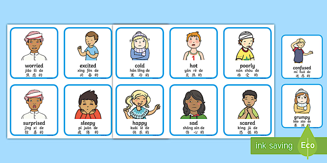 Feelings and Emotions Cards English/Mandarin Chinese/Pinyin