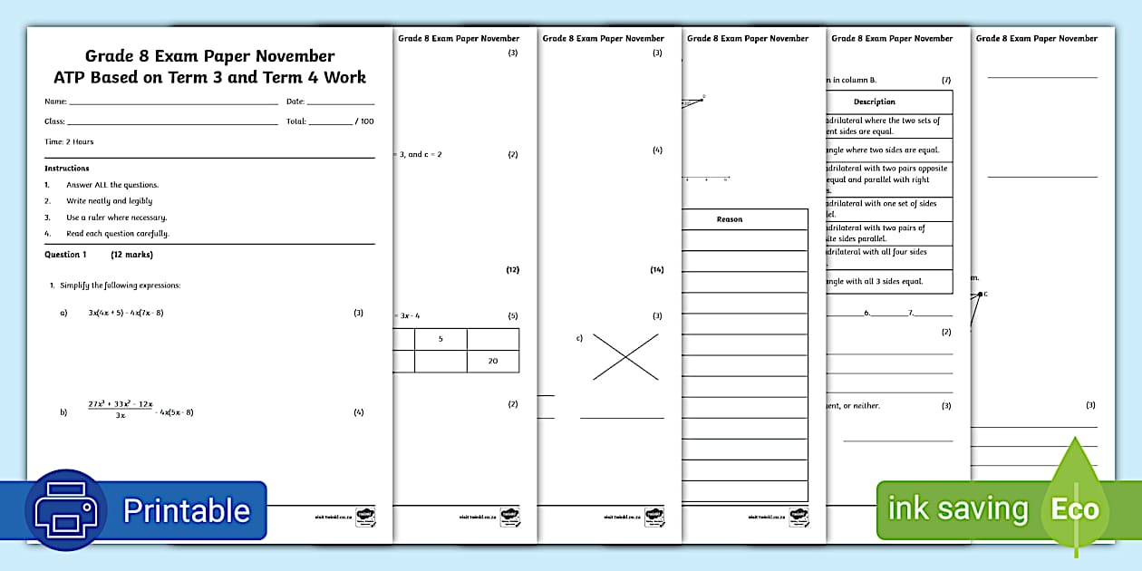 Grade 8 maths past papers november exam practice paper
