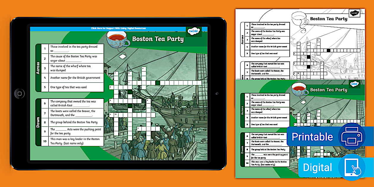 Boston Tea Party Crossword Puzzle for 6th 8th Grade Twinkl