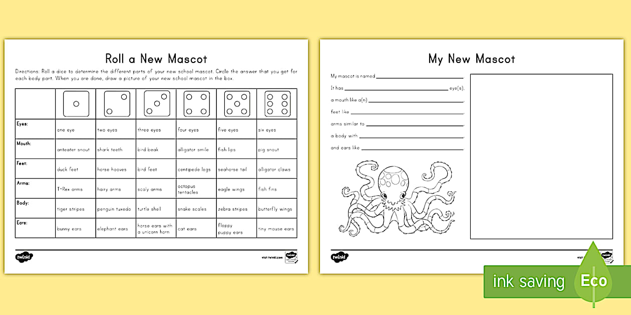Roll a New School Mascot Worksheet