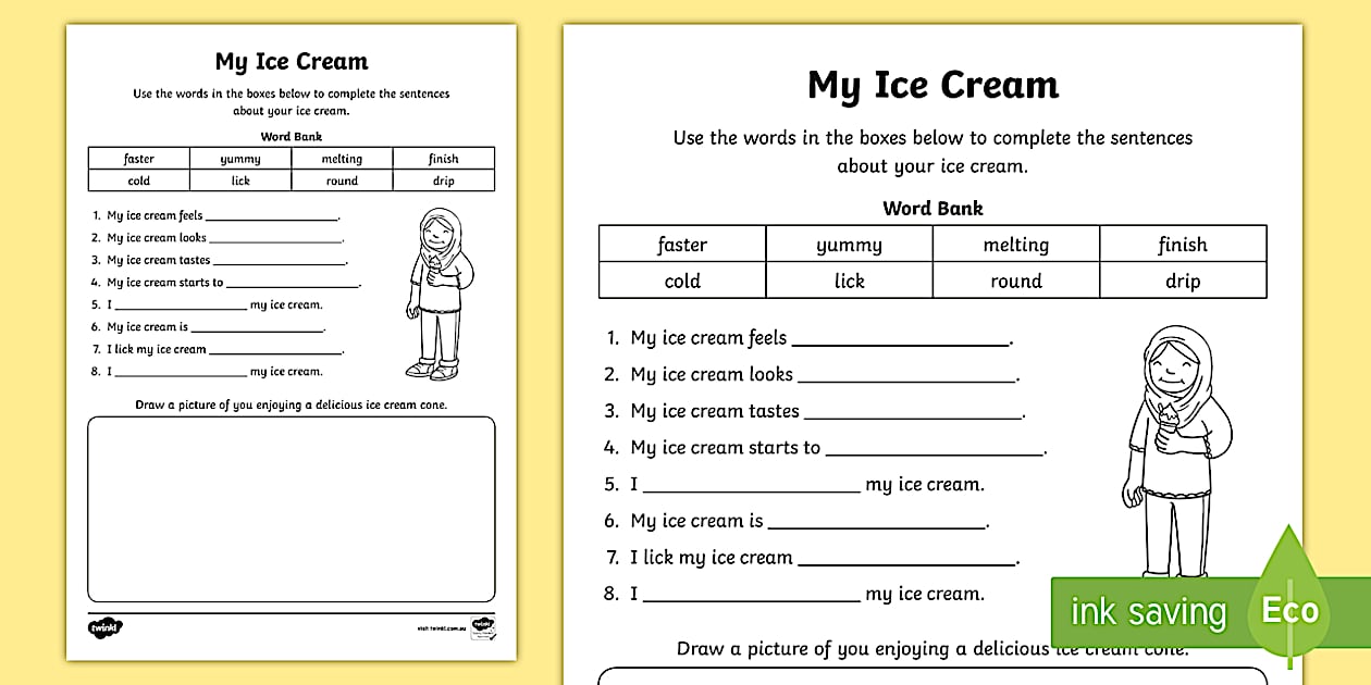 TAS My Ice-cream Cloze Worksheet (teacher made) - Twinkl