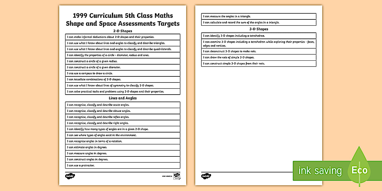1999 Curriculum 5th Class Maths Shape and Space Assessment Targets ...