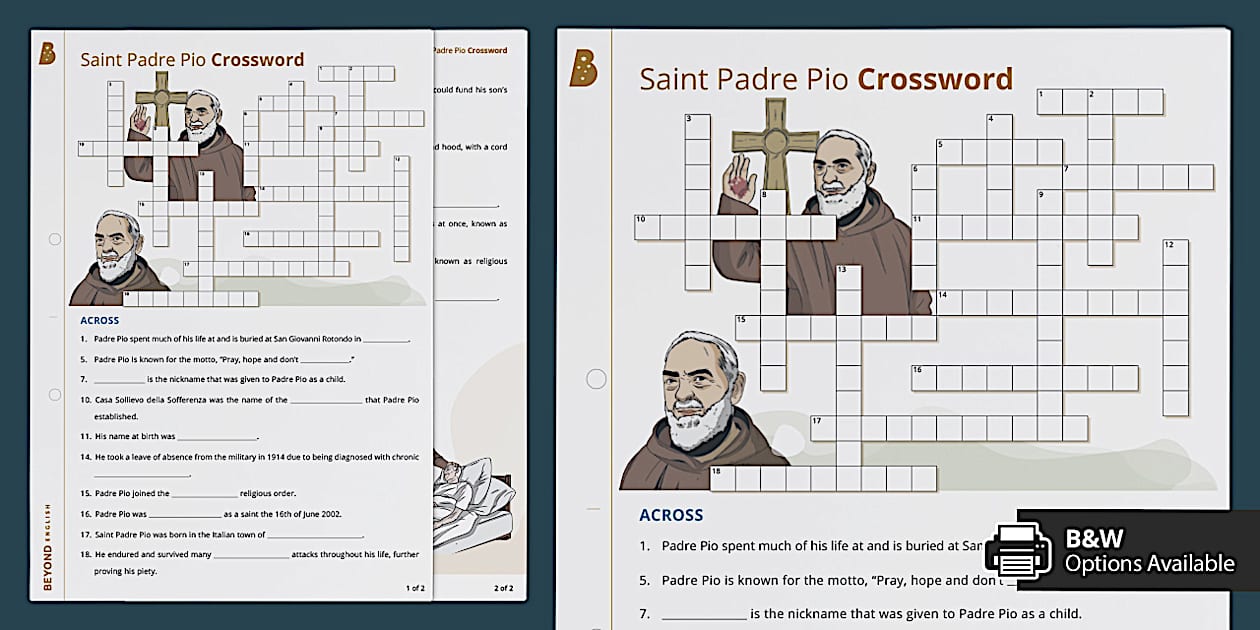 Saint Padre Pio Differentiated Crossword (teacher made)