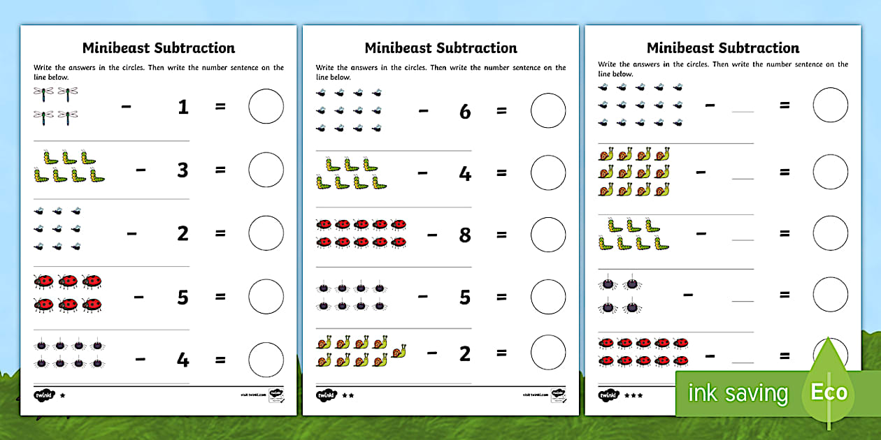 Black and White Minibeast Themed Subtraction Worksheets