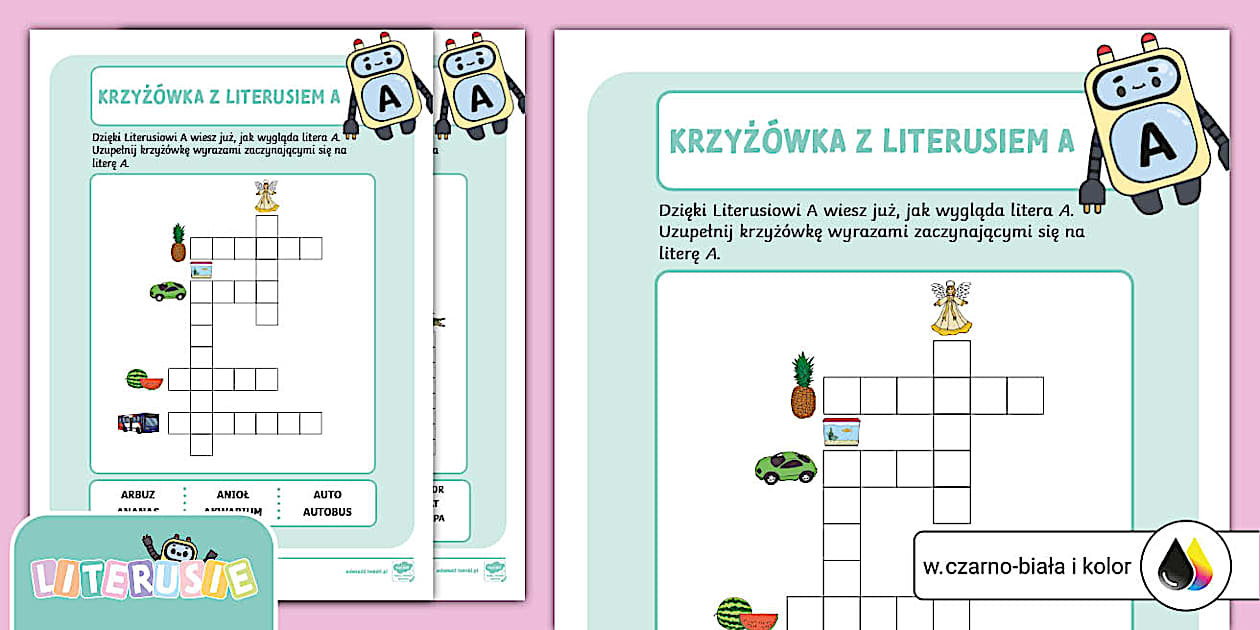 Literusie | Krzyżówka z Literusiem A | Alfabet i litery