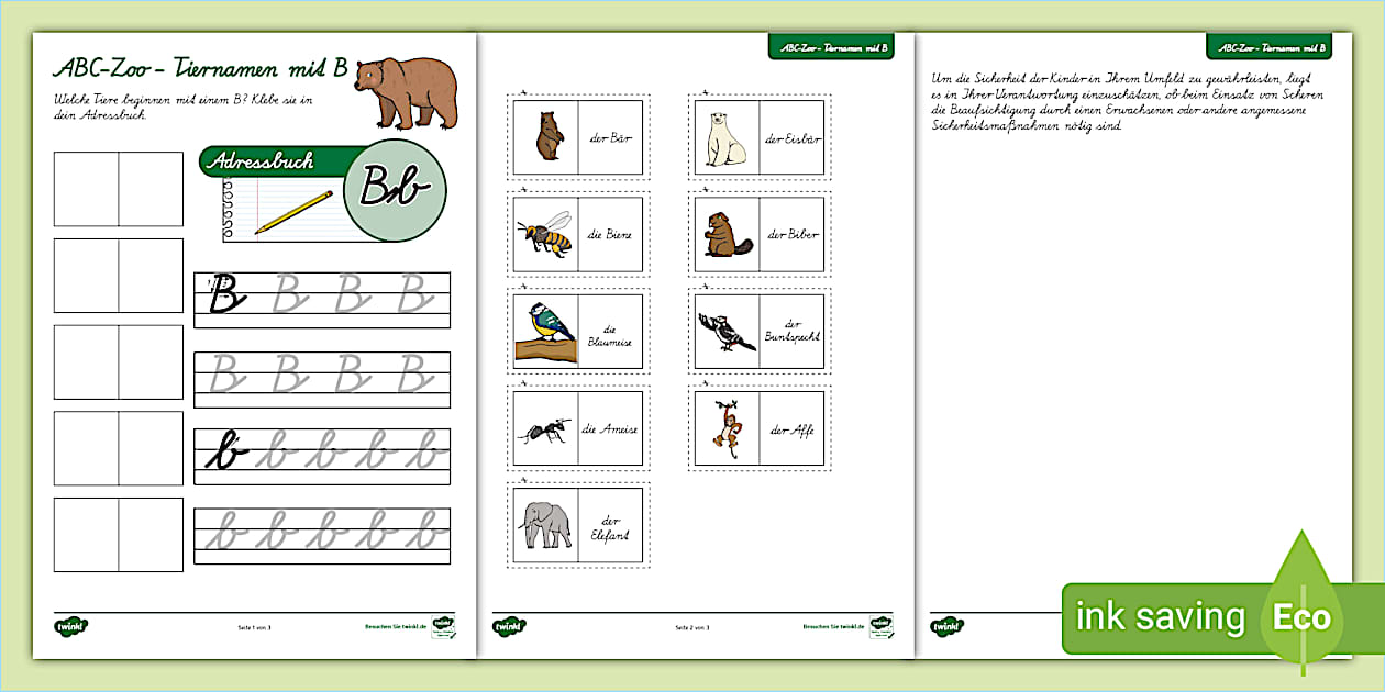 ABC-Zootiere - Zuordnung und Nachspuren für Buchstabe B Arbeitsblatt