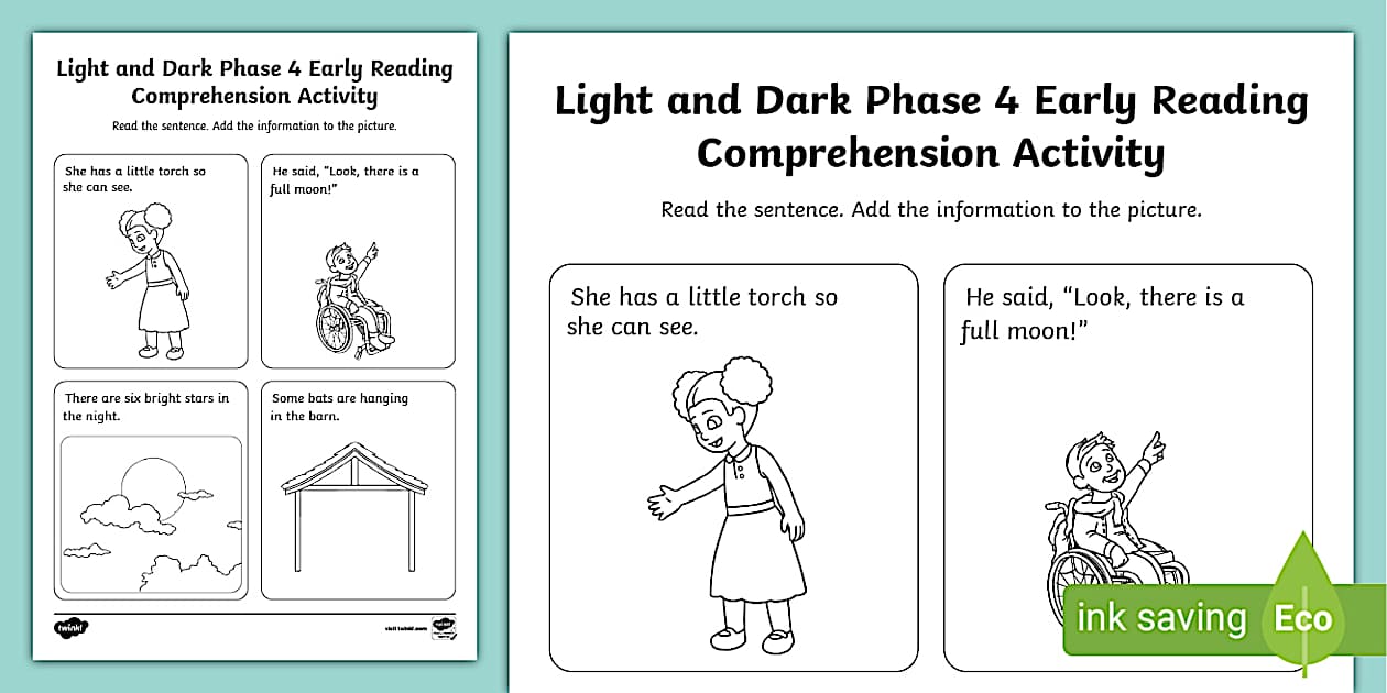 Light and Dark Phase 4 Early Reading Comprehension Activity
