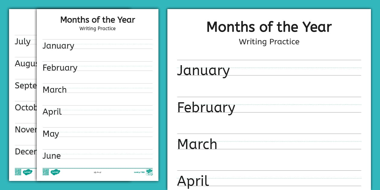 月のなまえ英語のライティング練習プリント Months of the Year English Writing Practice