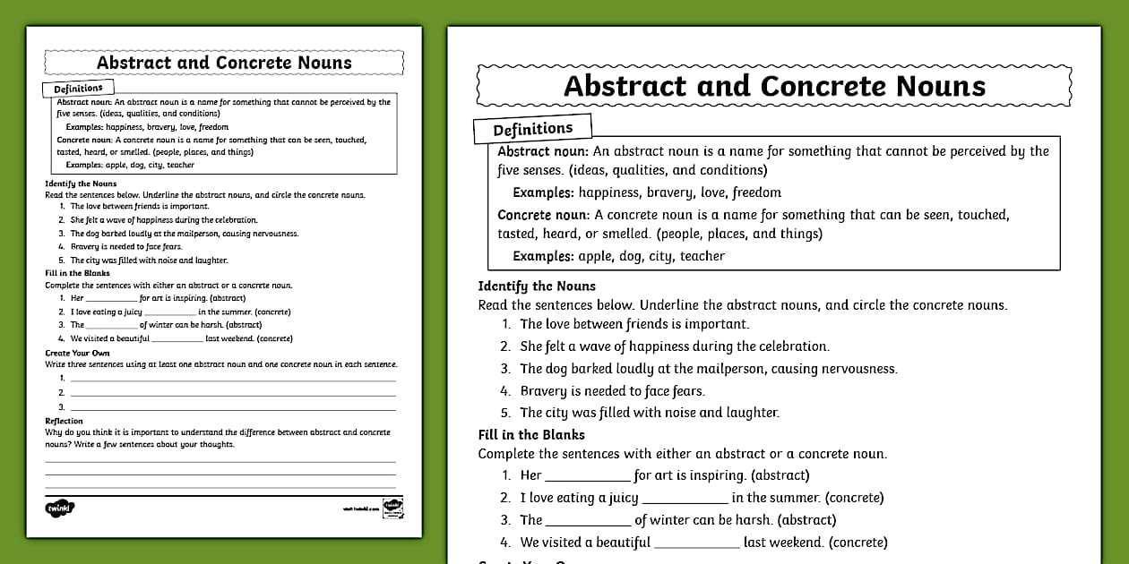 Abstract and Concrete Nouns Worksheet for 3rd5th Grade