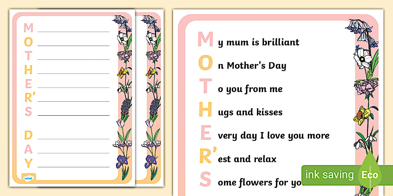 Mother's Day Acrostic Poem Example (teacher made) - Twinkl