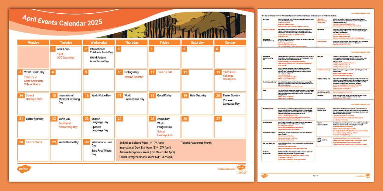 April Events Calendar 2025 (Teacher Made) Twinkl