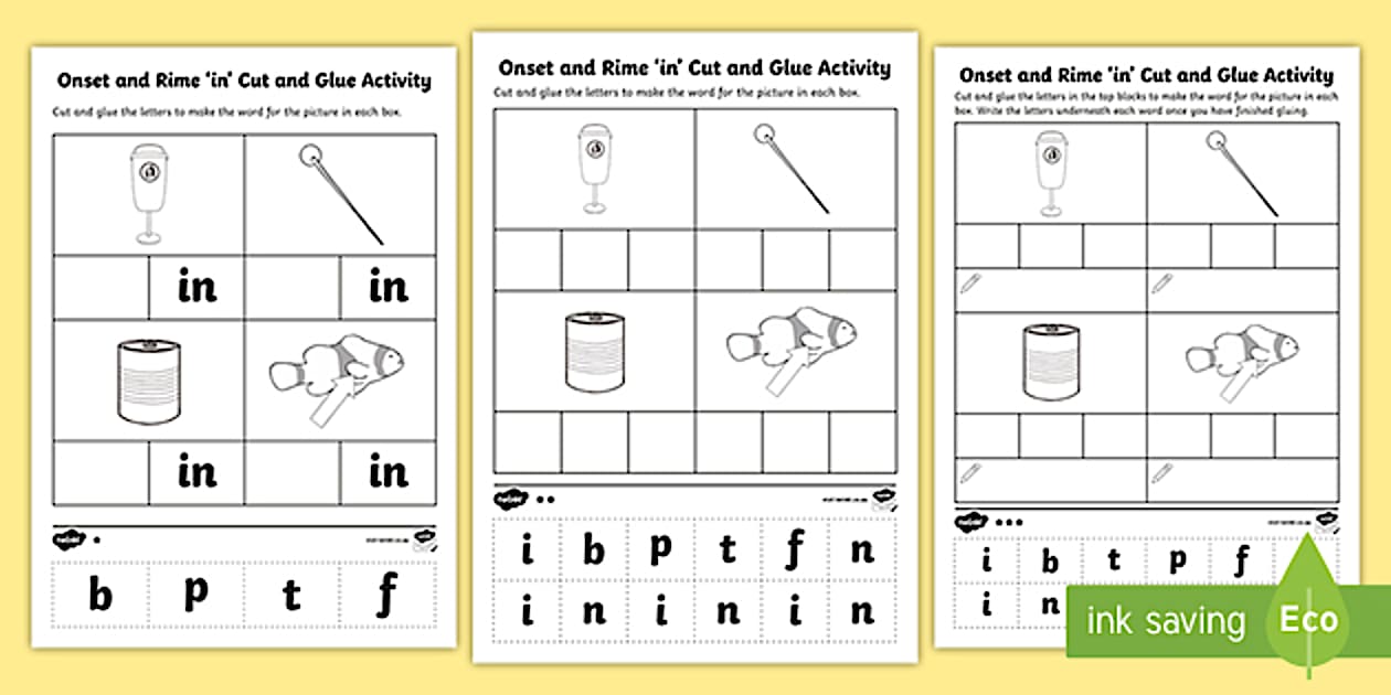 \'in\' Onset and Rime Differentiated Worksheet / Worksheets