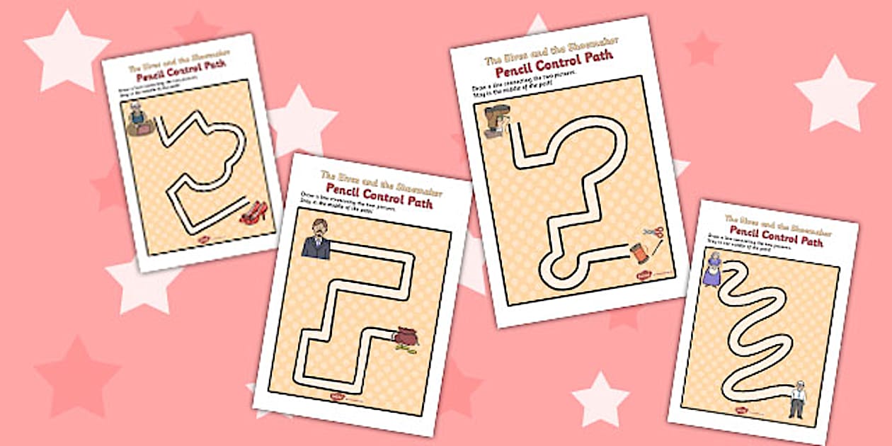 Black and White The Elves and the Shoemaker Pencil Control Path Worksheets
