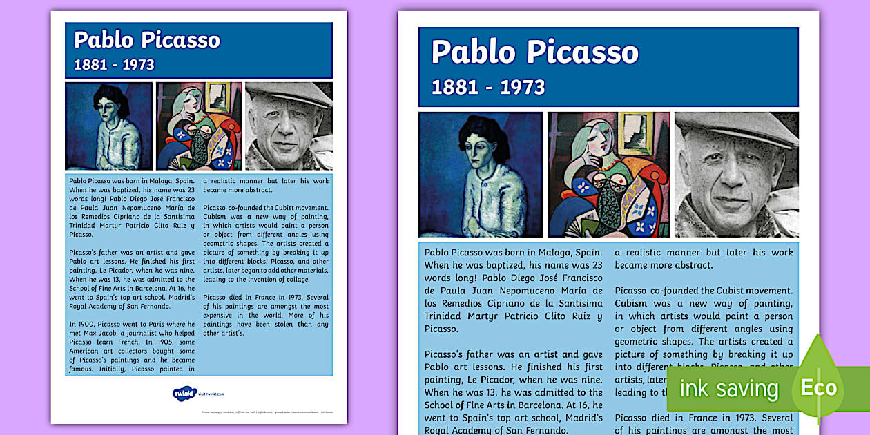 Artist Fact Sheet Pablo Picasso (teacher made) - Twinkl