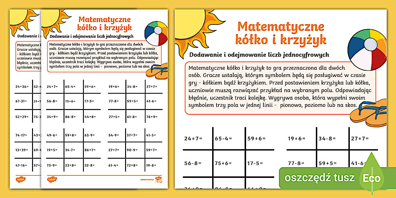 Matematyczne kółko i krzyżyk | Dodawanie i odejmowanie liczb 1 i 2