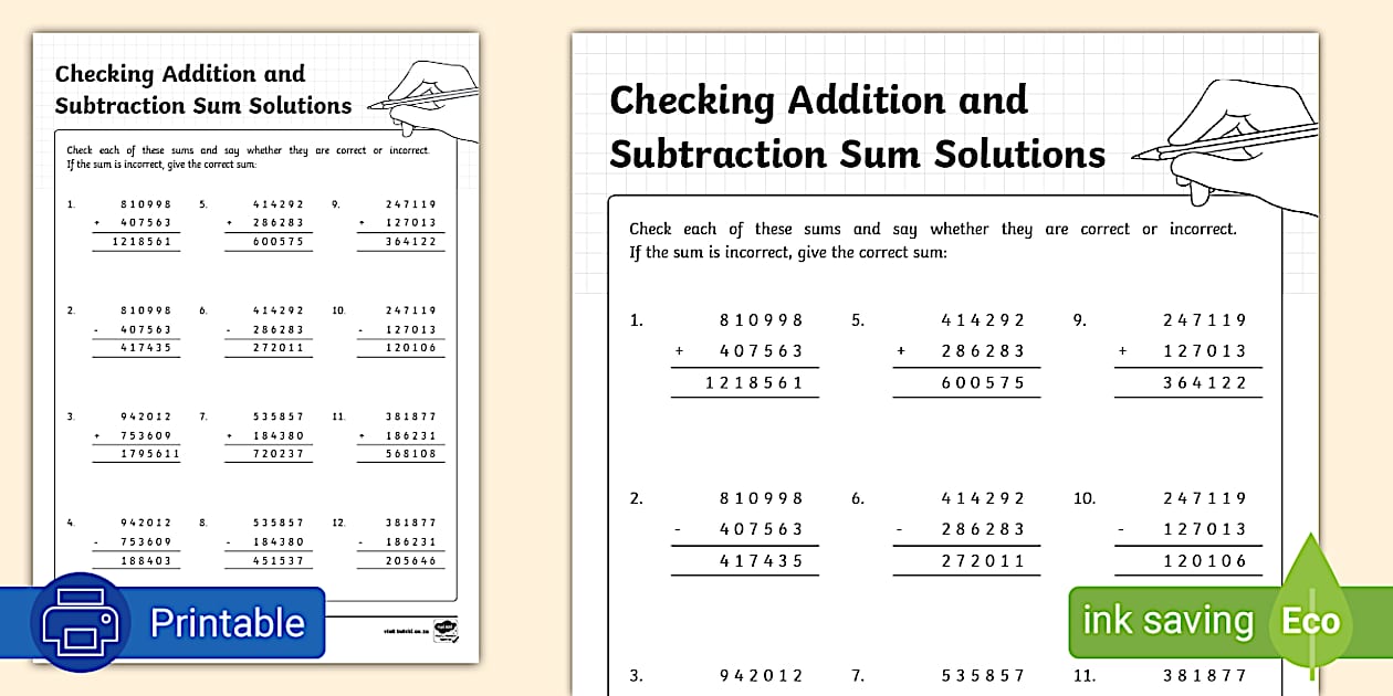 Checking addition and subtraction sum solutions activity sheet