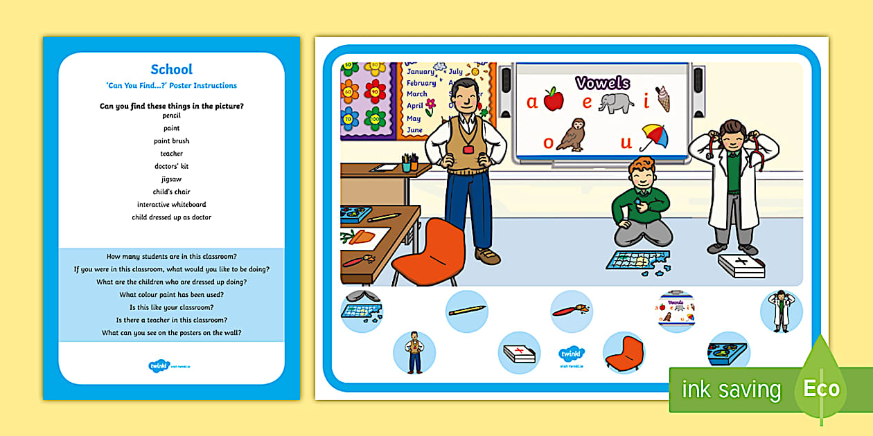 The School Aistear Can You Find...? Poster and Prompt Card Pack