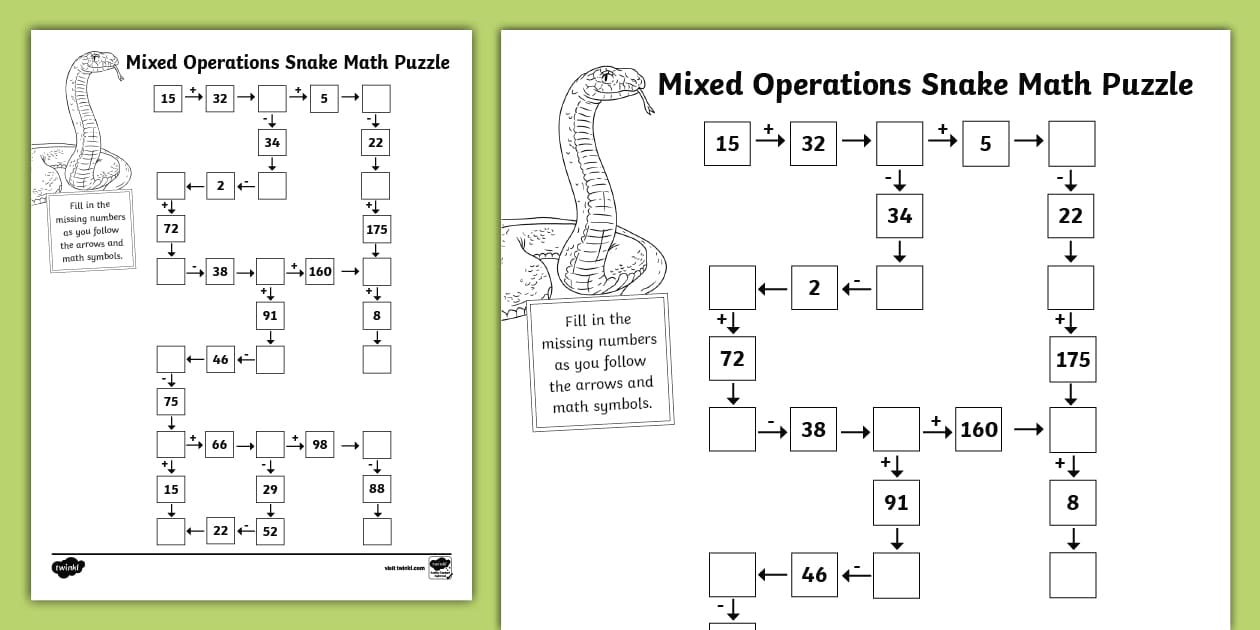 Mixed Operations Snake Math Puzzle Activity for 3rd-5th Grad