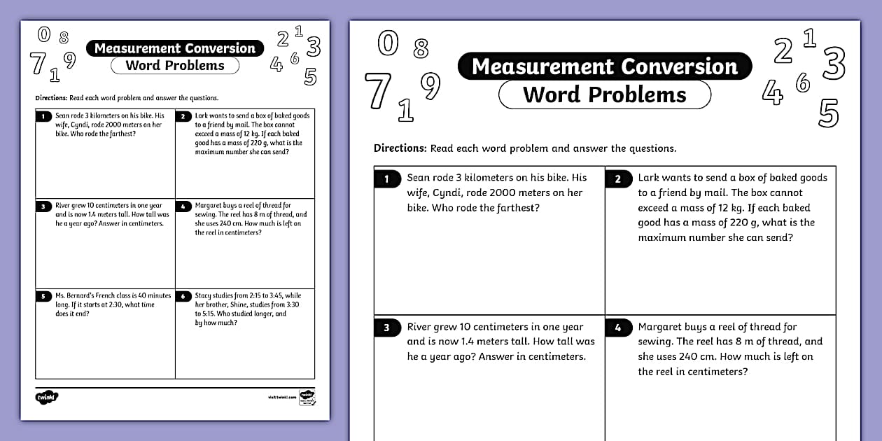Seventh Grade Measurement Conversion Word Problems - Twinkl