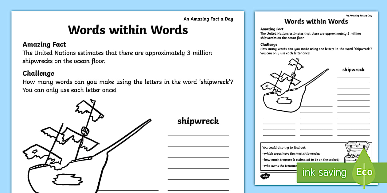 Words within Words Shipwreck Worksheet / Worksheet Twinkl