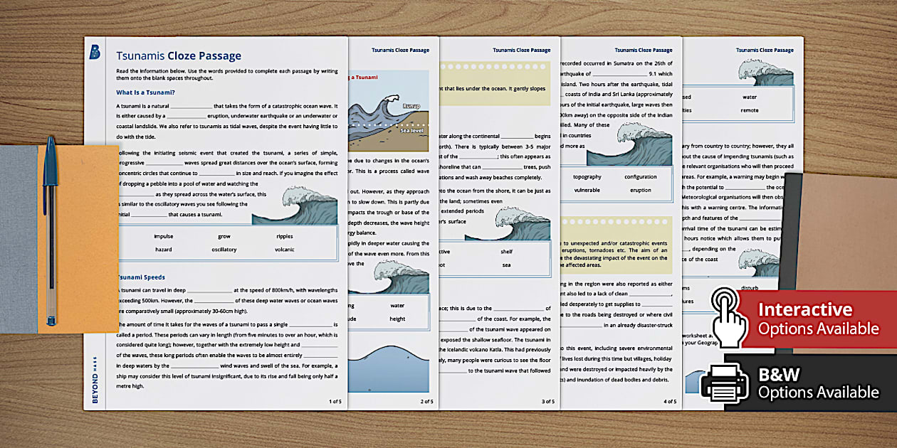 Tsunamis (Year 8 Geography) Cloze Passage - Twinkl