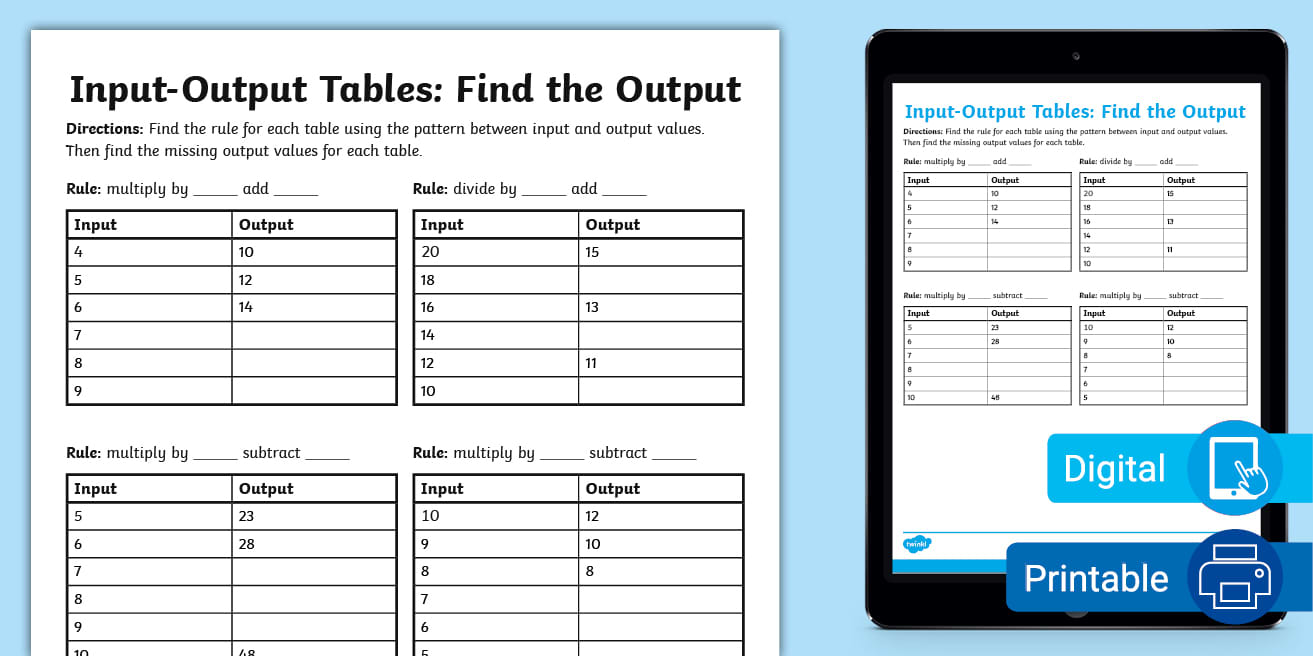 Fourth Grade Input-Output Tables: Find the Output (Multiple Steps ...