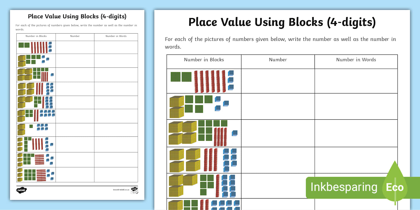 Place Value Using Blocks (4-digits) Activity Sheet
