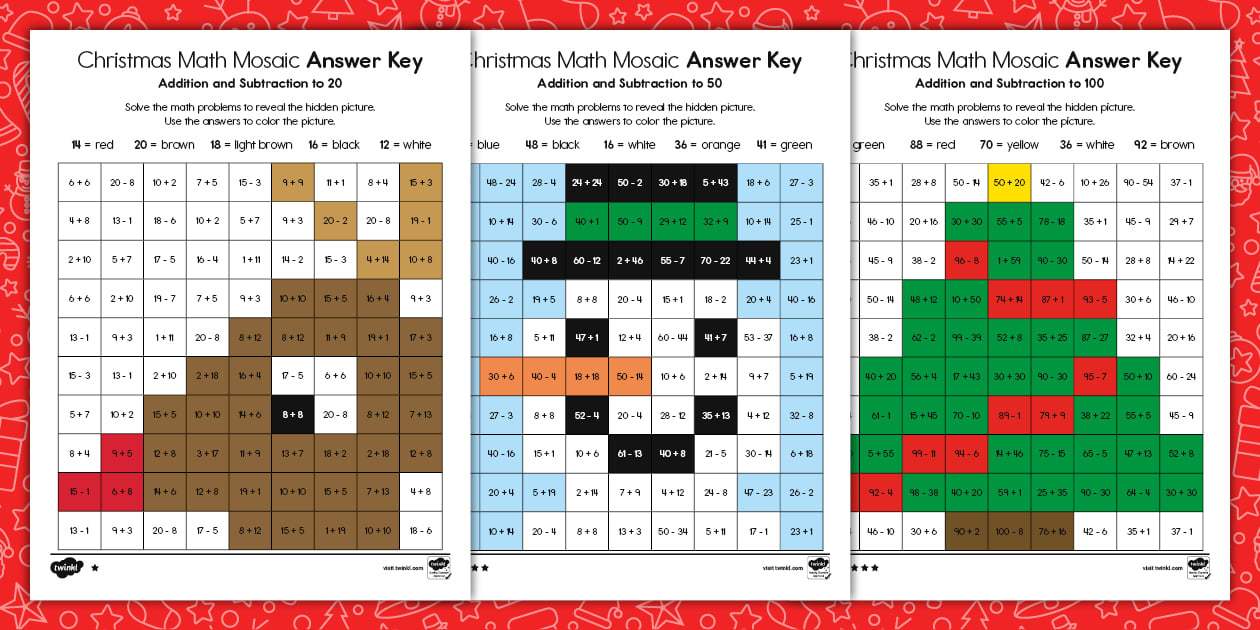 christmas addition and subtraction math mosaic activities