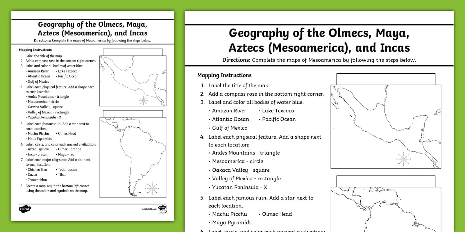 Olmecs, Maya, Aztecs, and Incas Map Worksheet for 6-8 Gr