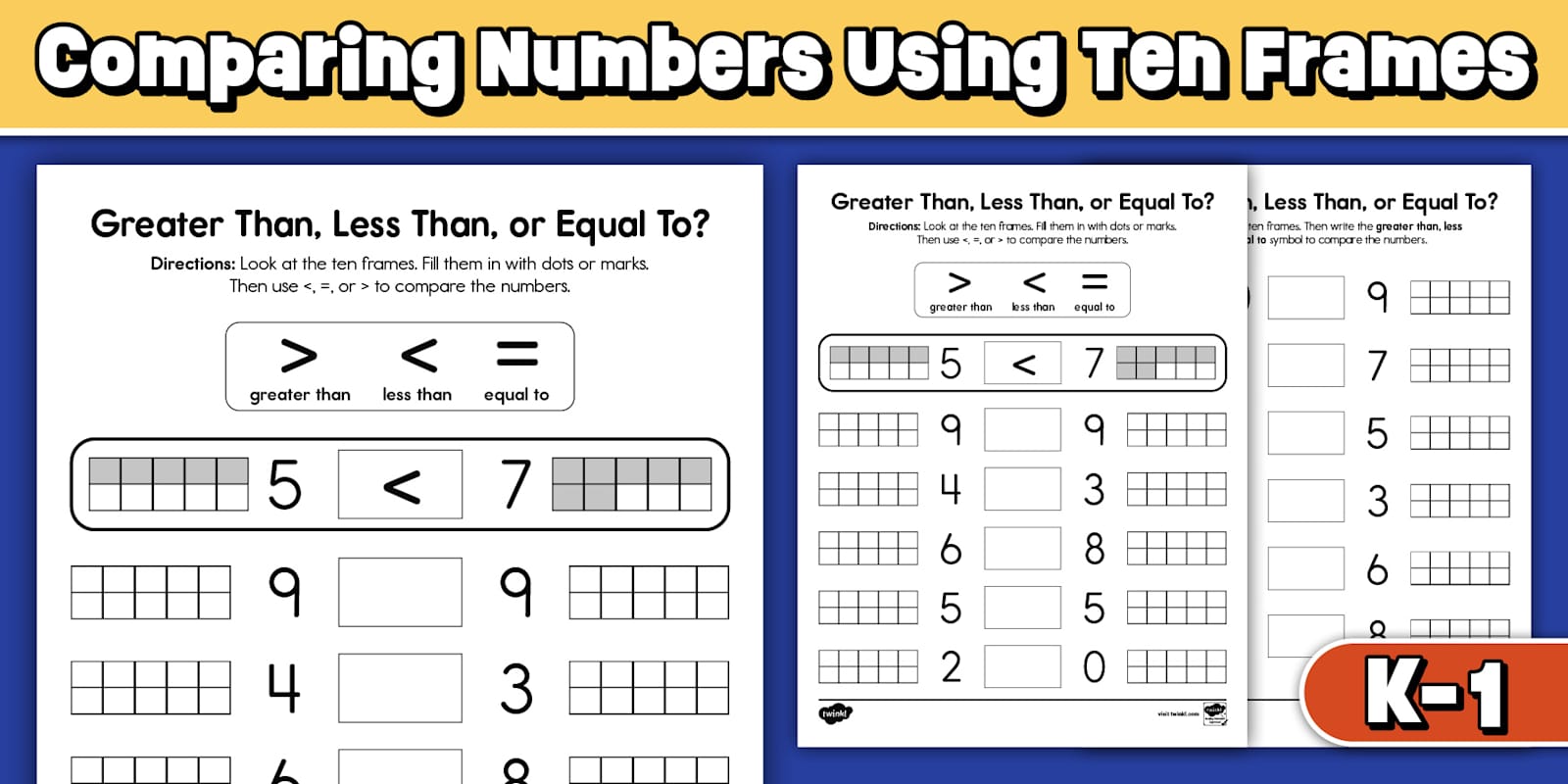 Comparing Ten Frames | Greater Than Less Than Equal To Worksheets for K ...