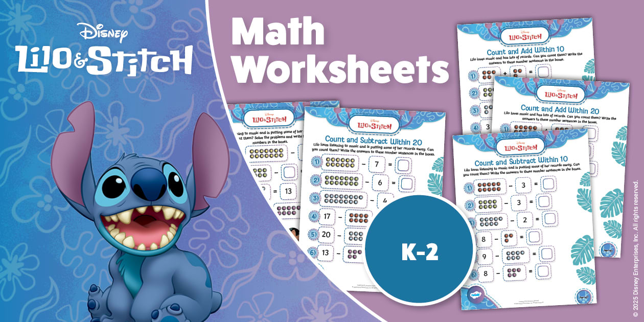 Lilo & Stitch: Count, Add, and Subtract Math Worksheets