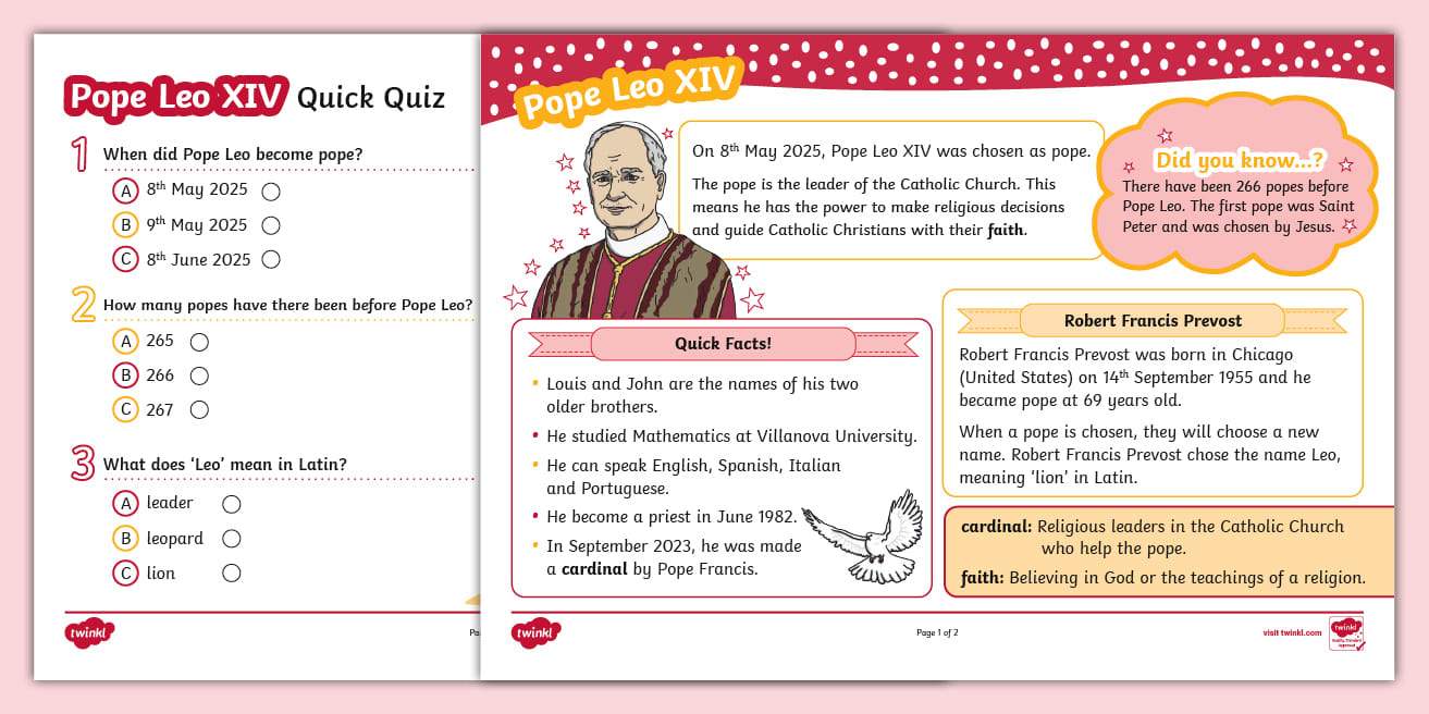 KS1 Pope Leo XIV Fact File and Quick Quiz