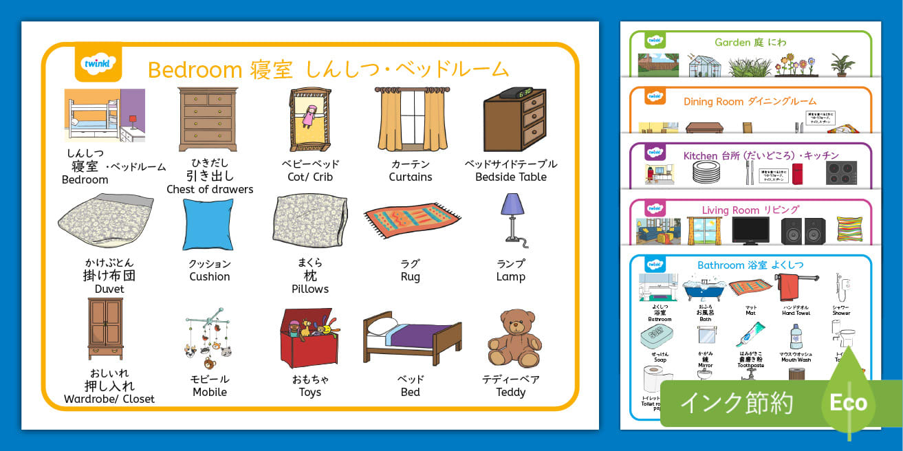 おうちにあるもの 単語シート セット 英語と日本語 At Home Posters