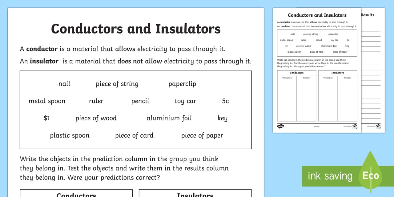 Conductors and Insulators Worksheet - Science