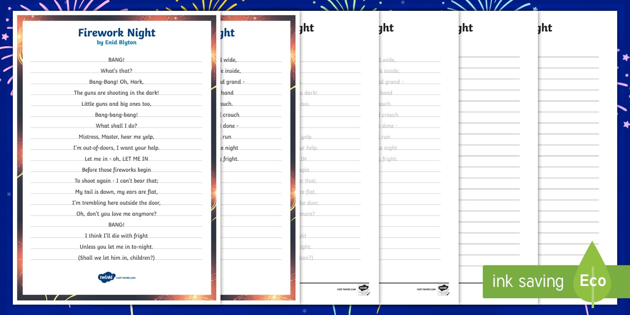 Firework Night by Enid Blyton Poem Handwriting Practice Worksheets