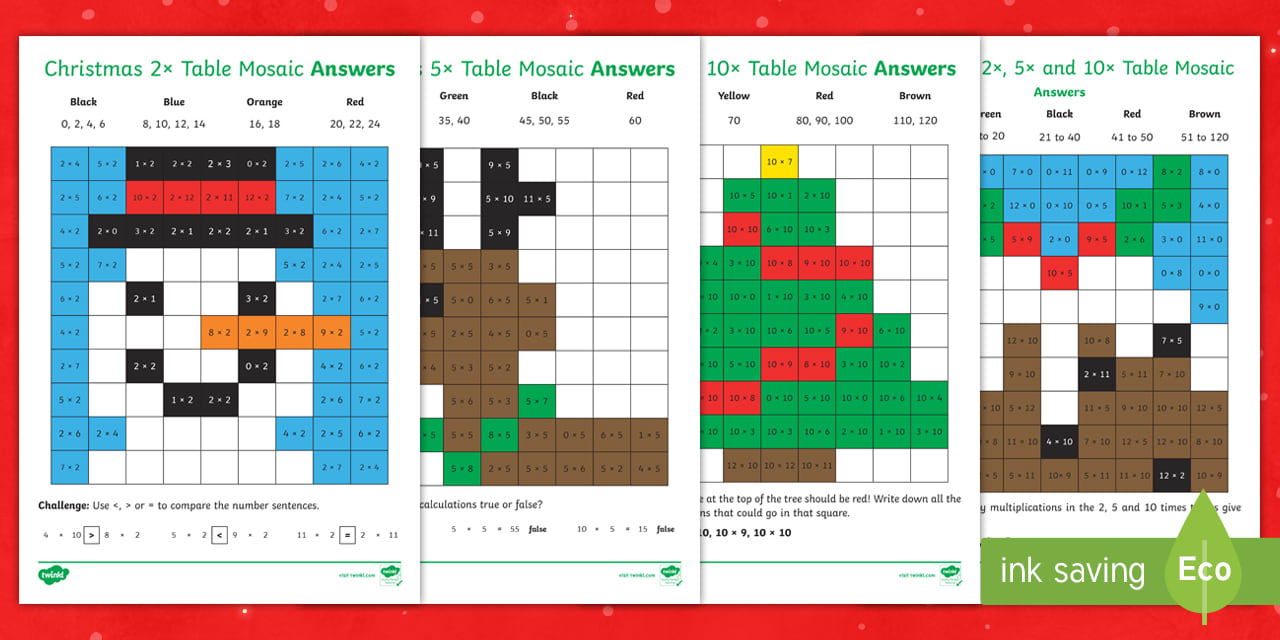 t n 7218 2 5 and 10 multiplication facts christmas maths mosaic activity sheets ver 2 2, 5 and 10 multiplication facts christmas maths mosaic worksheets