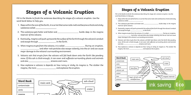 Stages of a Volcanic Eruption Worksheet for 3rd-5th Grade