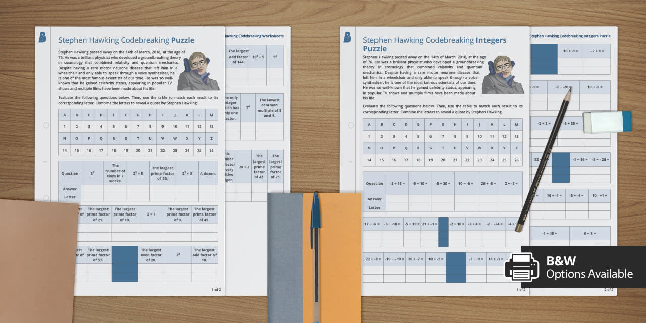 Stephen Hawking Codebreaking Worksheets